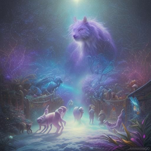 Christmas Zoo Escape: Holographic Cosmic Animal Illustration