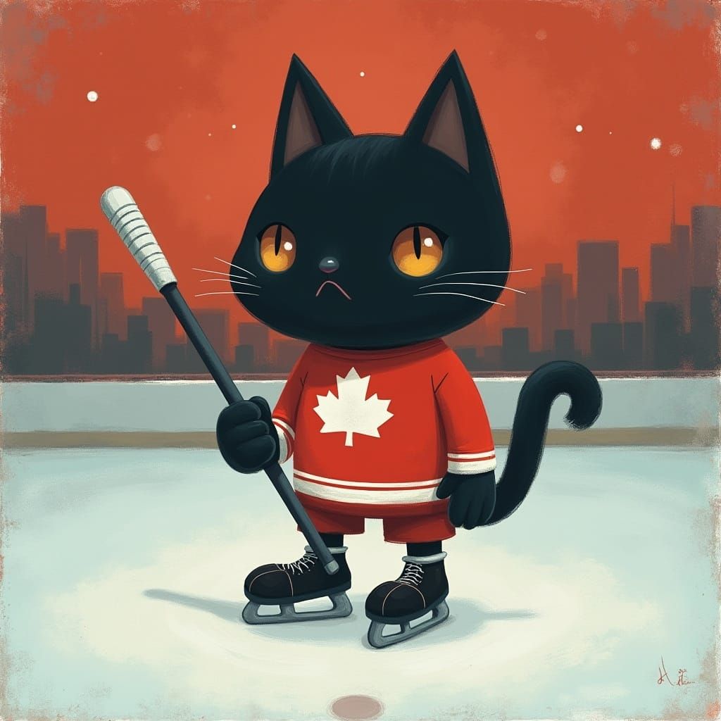 Surreal Feline Hockey Player in Futuristic Red and White Jer...