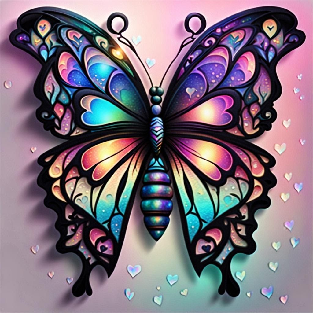 Iridescent Butterfly with Gothic Hearts