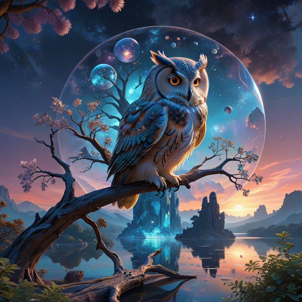 Majestic Owl on Crystal Tree in Dreamlike Landscape