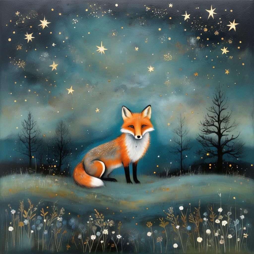 Fox Under Starry Sky: Magical Realism Painting