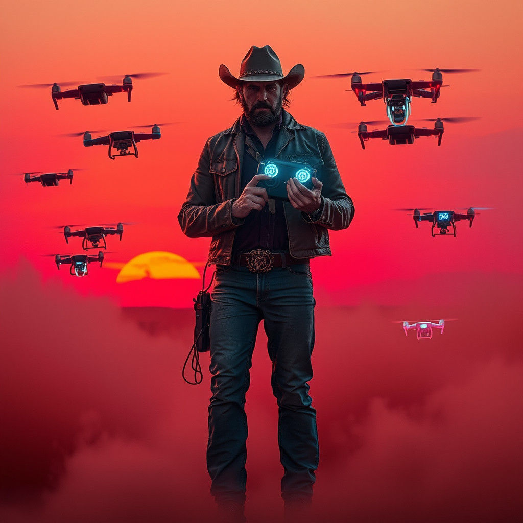 Cowboy Drone Master in Neon Cyberpunk Sunset