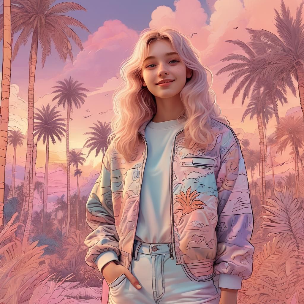 Smiling Girl in Doodle World Fantasy Landscape