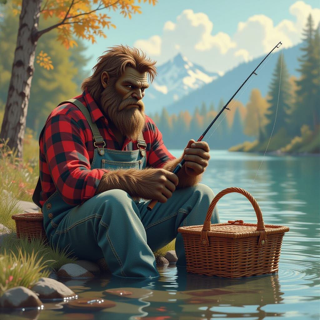 Big Foot Fishing, Hyperrealistic Digital Art