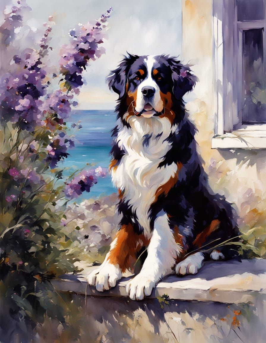 Bernese Mountain Dog with Ocean View: Impressionism