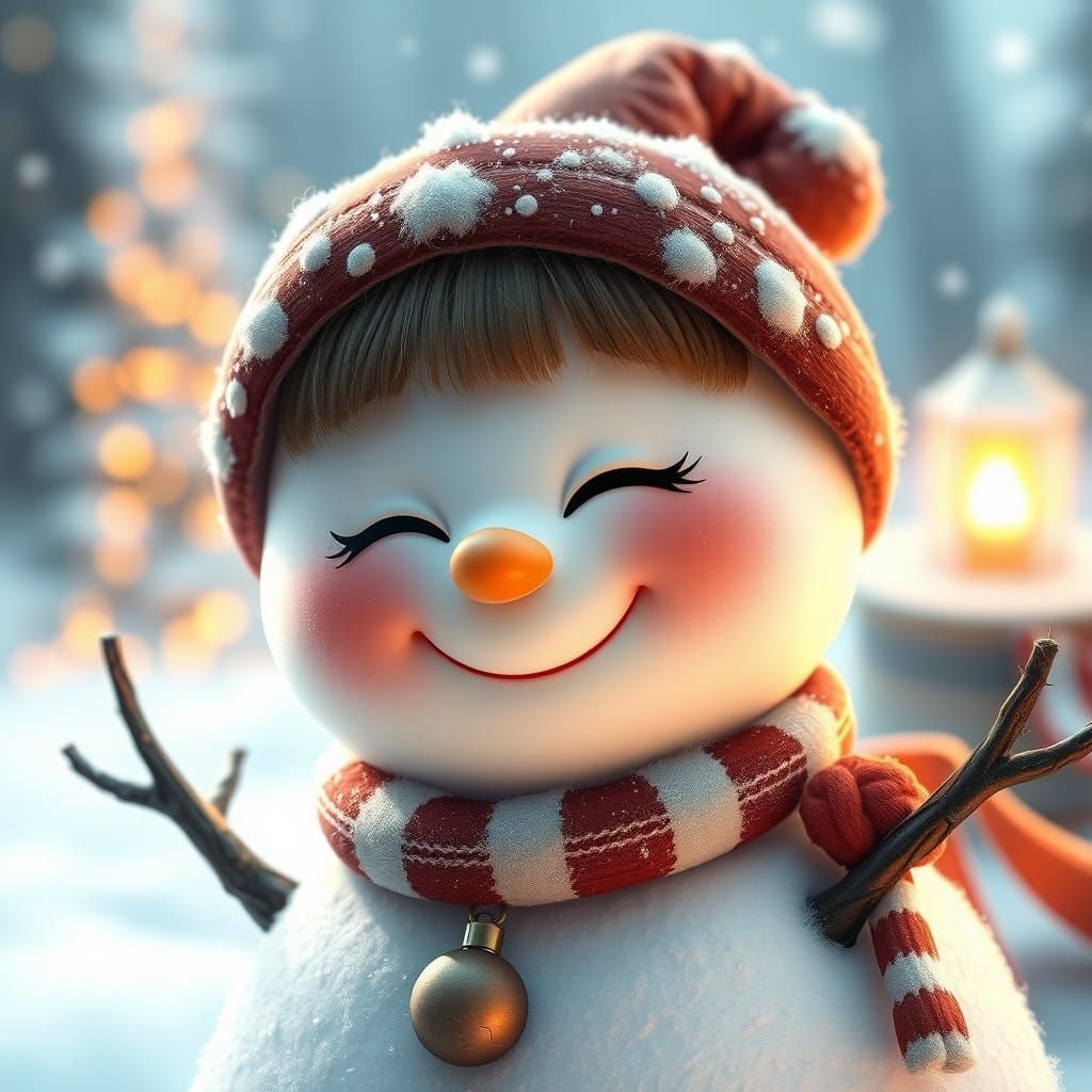 Surreal Snowman with Fluffy Bangs and Big Smile