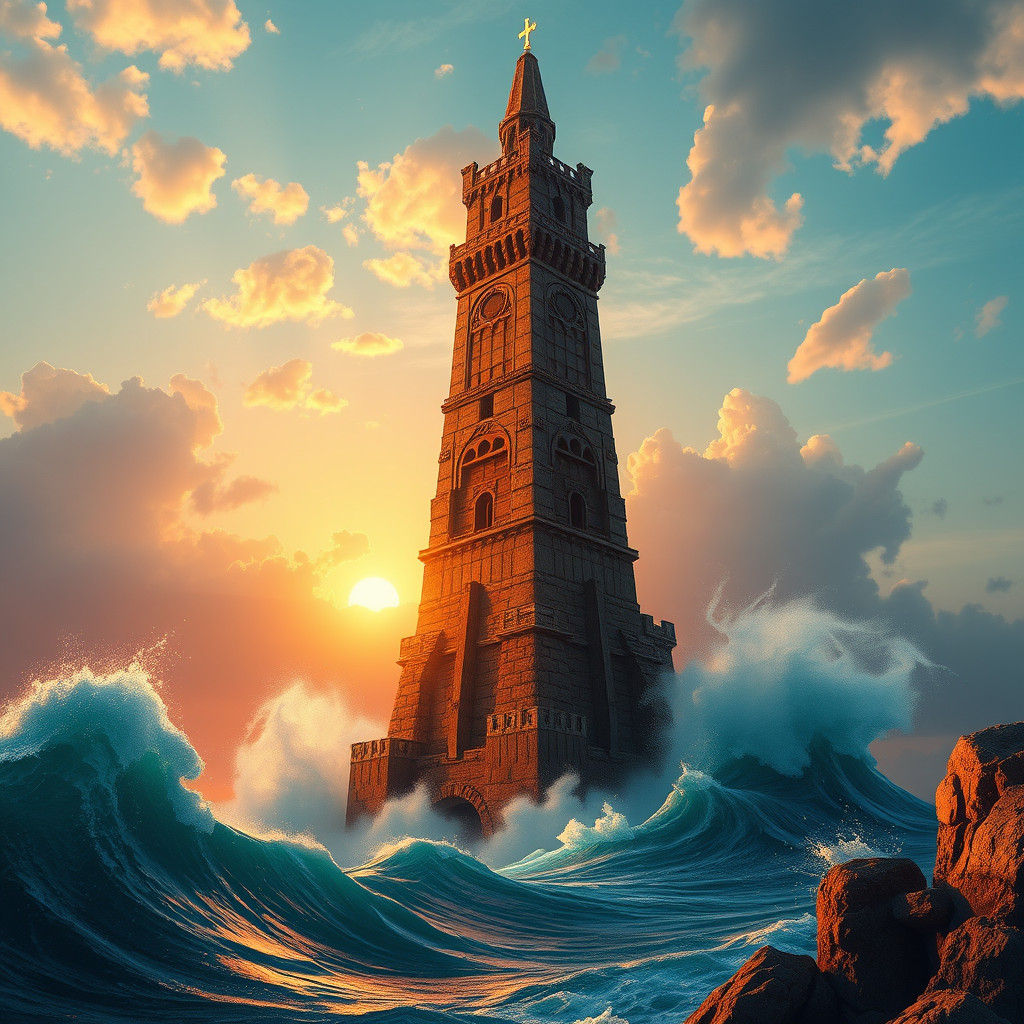 Ocean Tower Sunset: Fantasy Concept Art