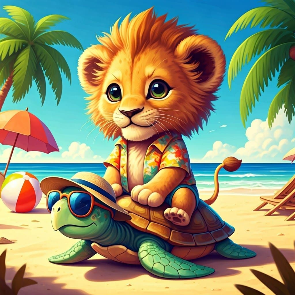 Colorful Anime of Lion Cub on Beach with Cool Sea Turtle in ...
