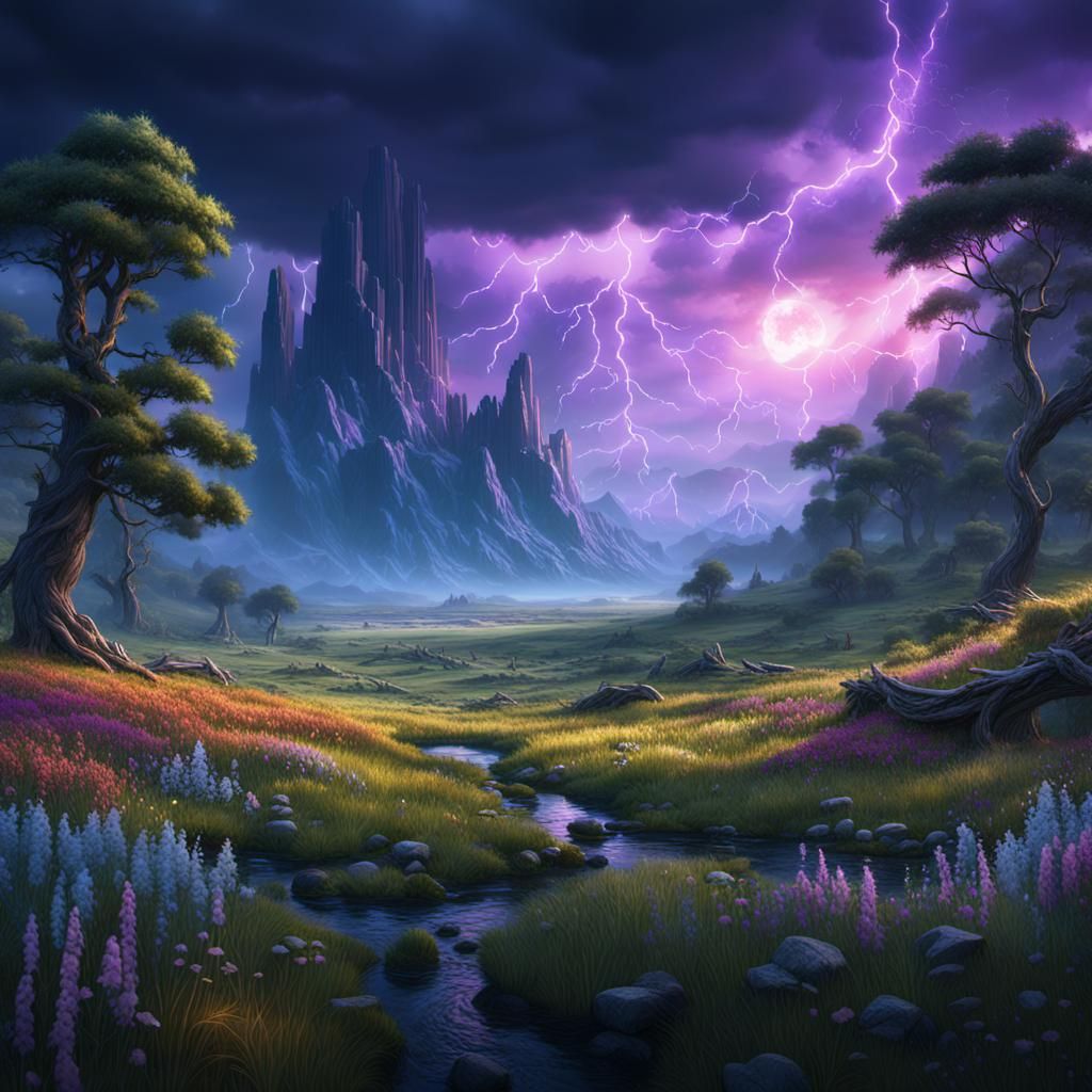 Fantastical Thunderstorm Meadow in Detailed Matte Painting