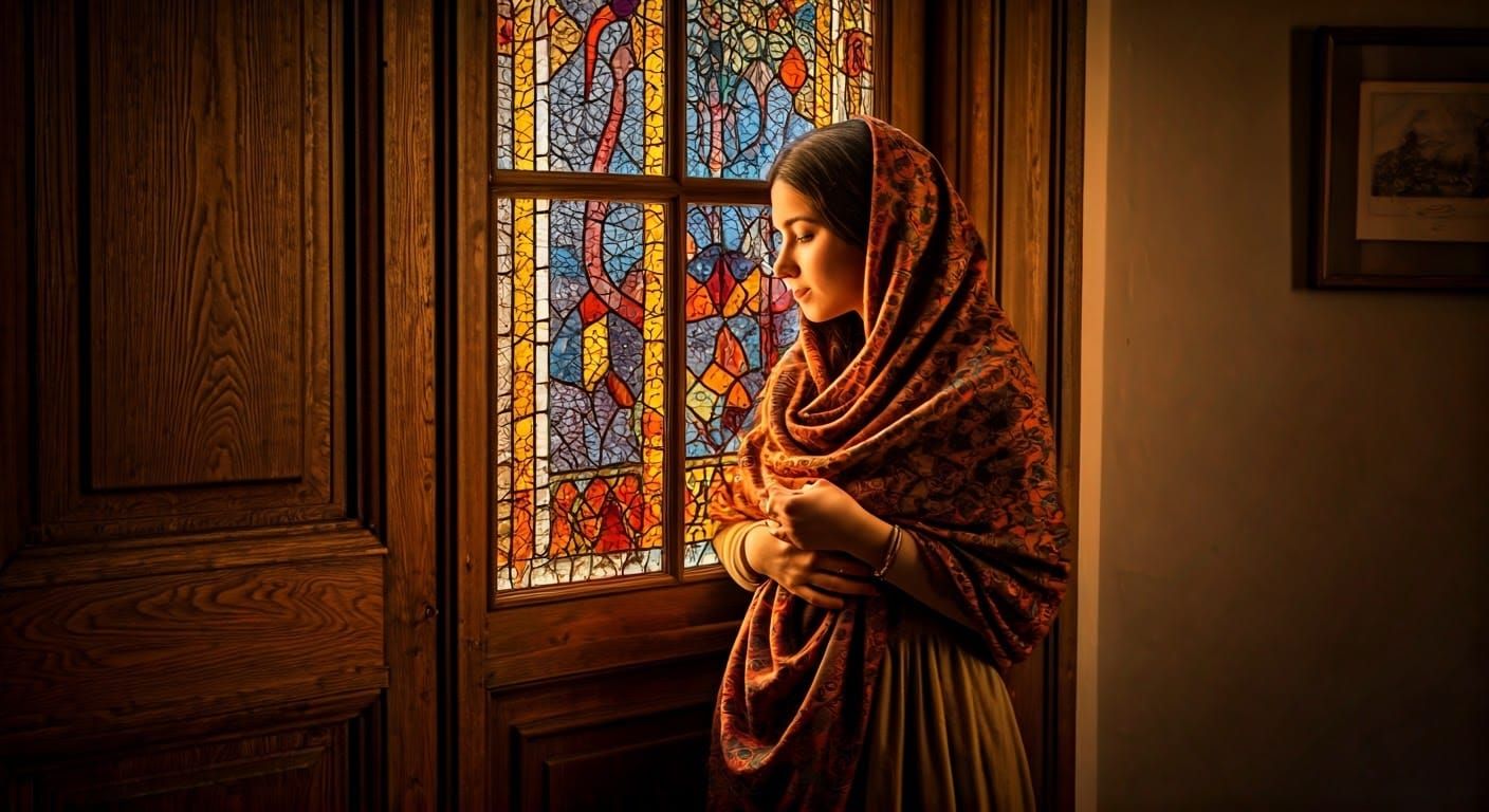 Woman in Contemplation near Vibrant Stained Glass
