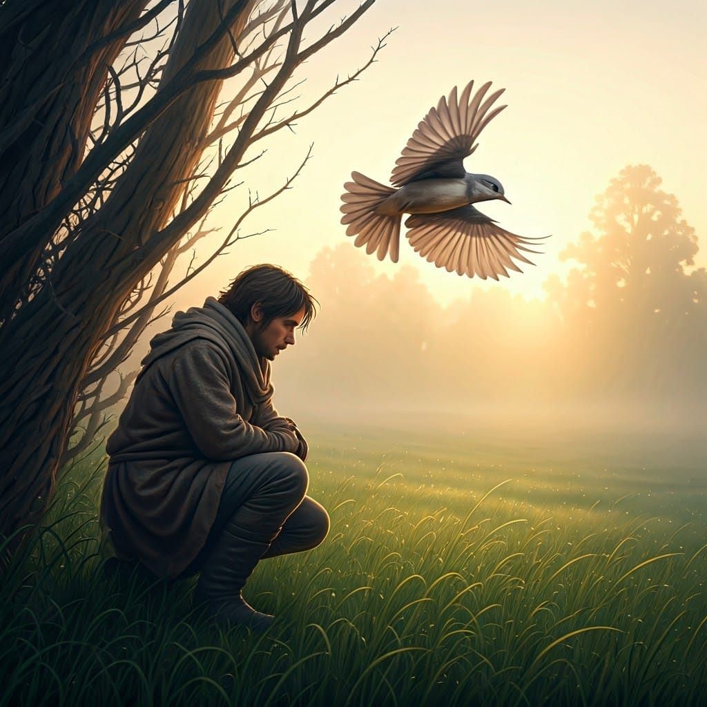 Misty Meadow Dawn: Early Bird in Cinematic Style