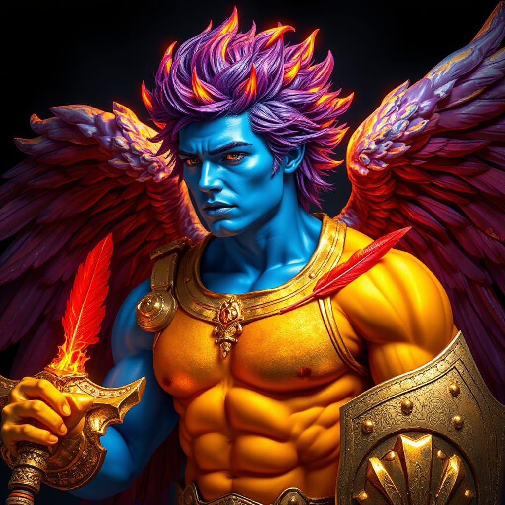 Cobalt Angel with Flaming Sword in Atompunk Style