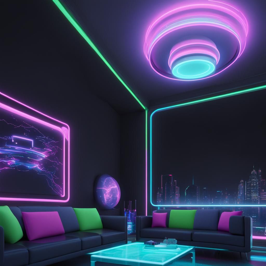 Futuristic neon glow living room neon lights everywhere and neon blue Sofas with neon purple lights and neon green light...