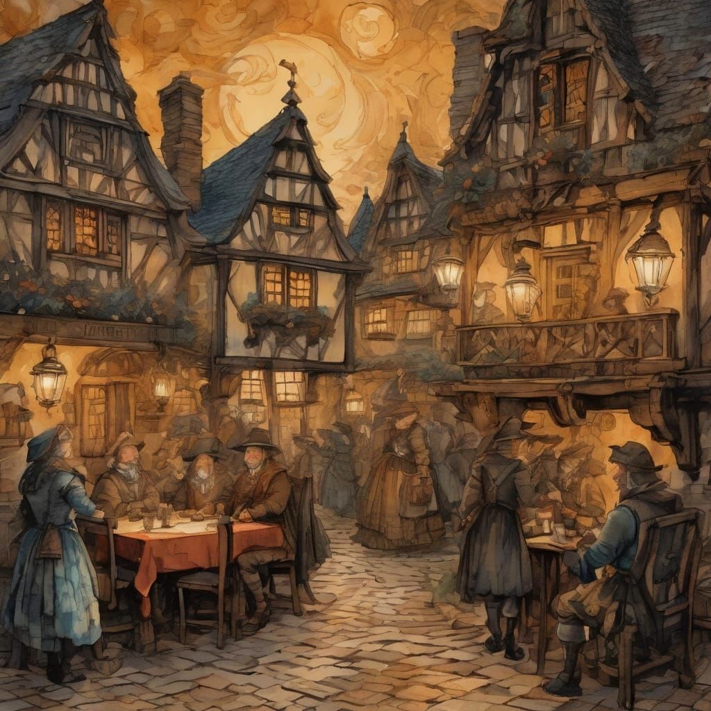 Misty Cobbled Alley with Tudor Tavern and Flickering Light