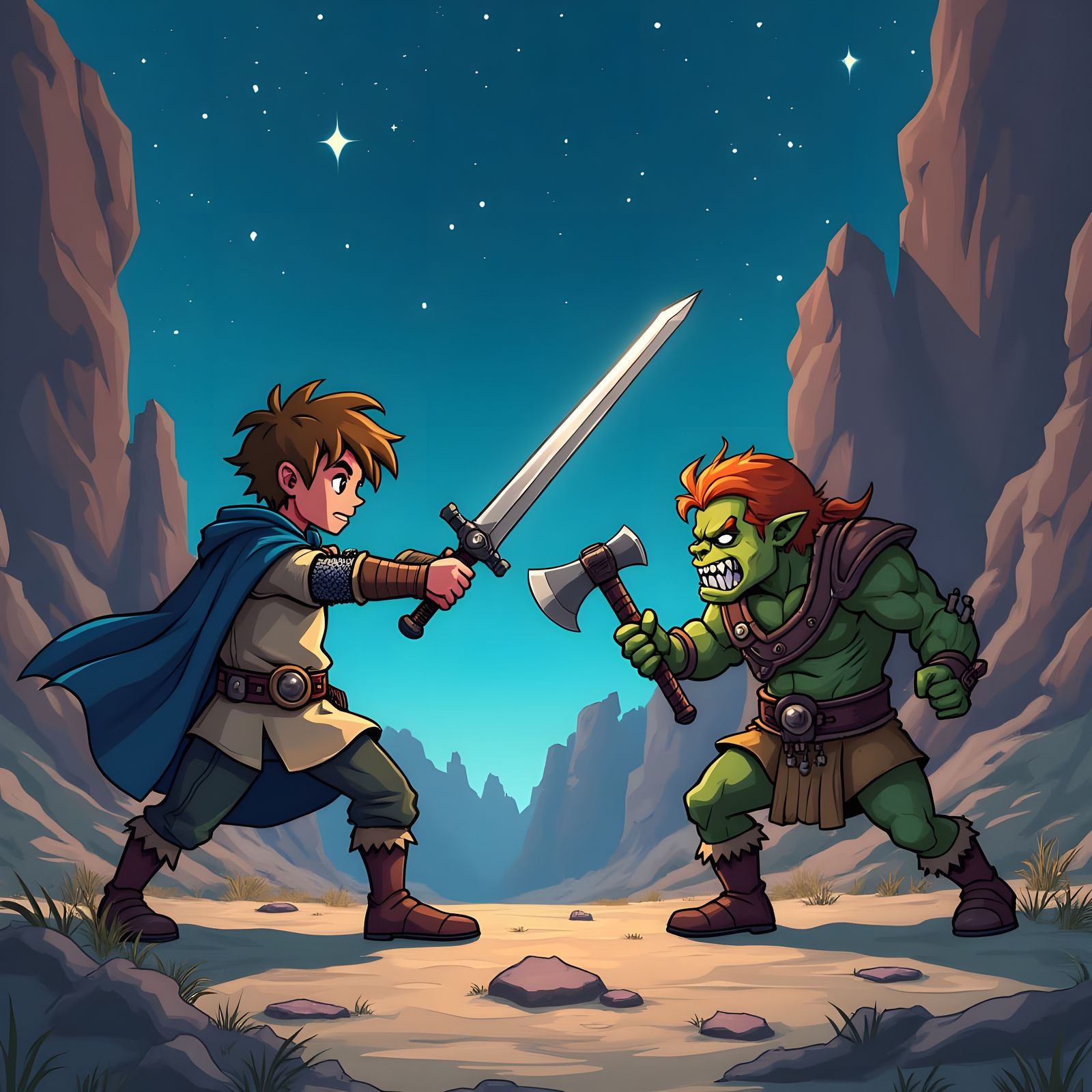 Knight and Ranger Versus Orc in Barren Canyon