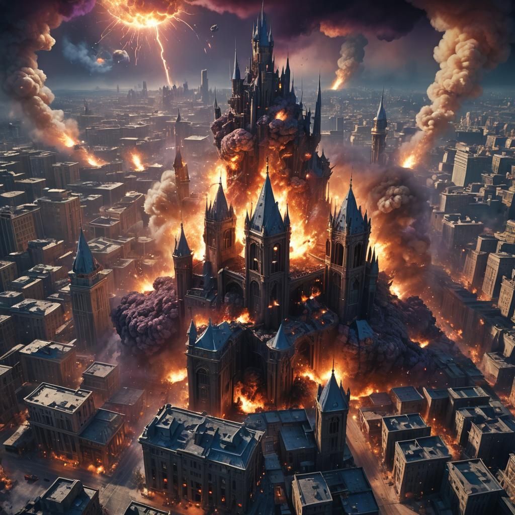Explosive Fantasy Cityscape in Matte Painting Style