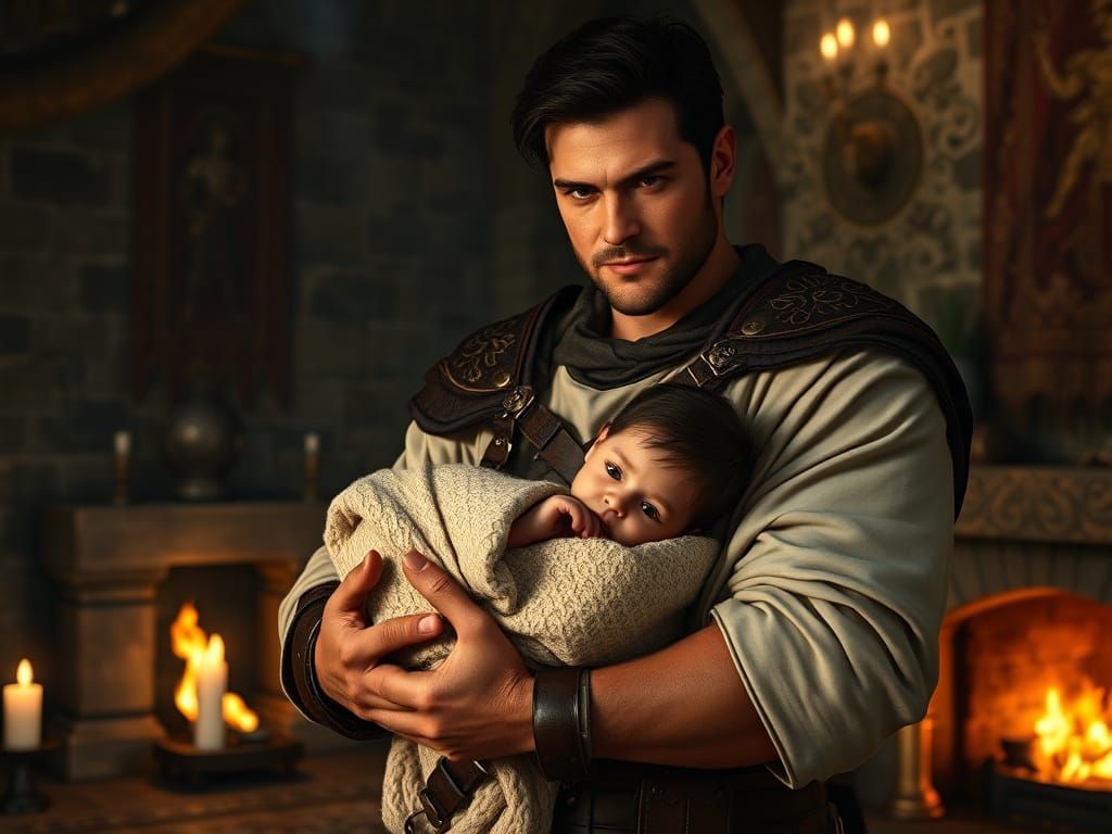 Medieval Gentleman Cradles Newborn Daughter in Castle Chambe...