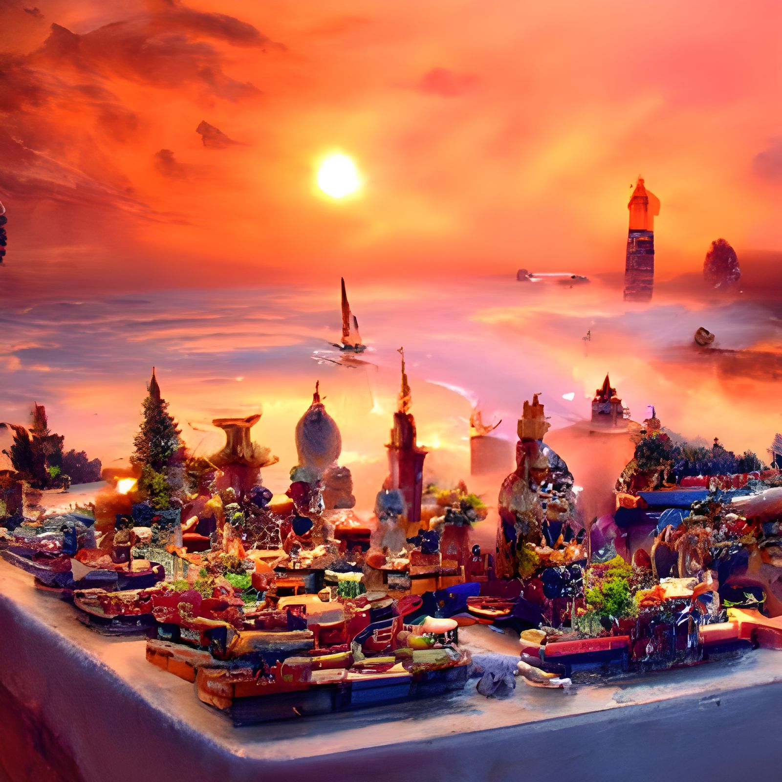 Egyptian City on Flying Island at Sunset