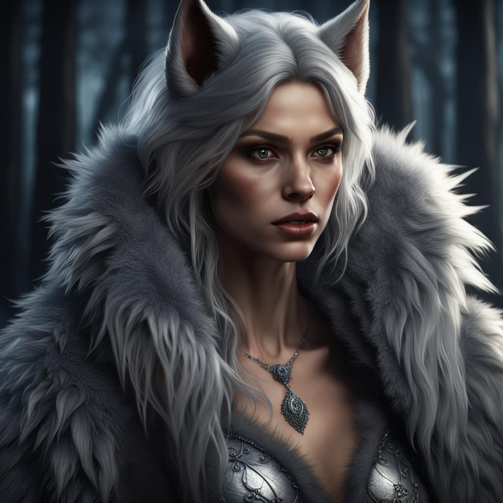 Beautiful Grey Fur Werewolf Woman: Fantasy Concept Art