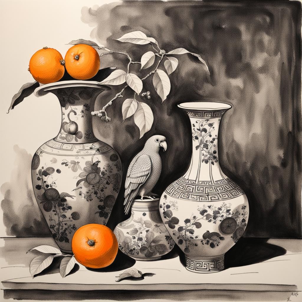 Chinese Ink Drawing: Still Life with Parrot