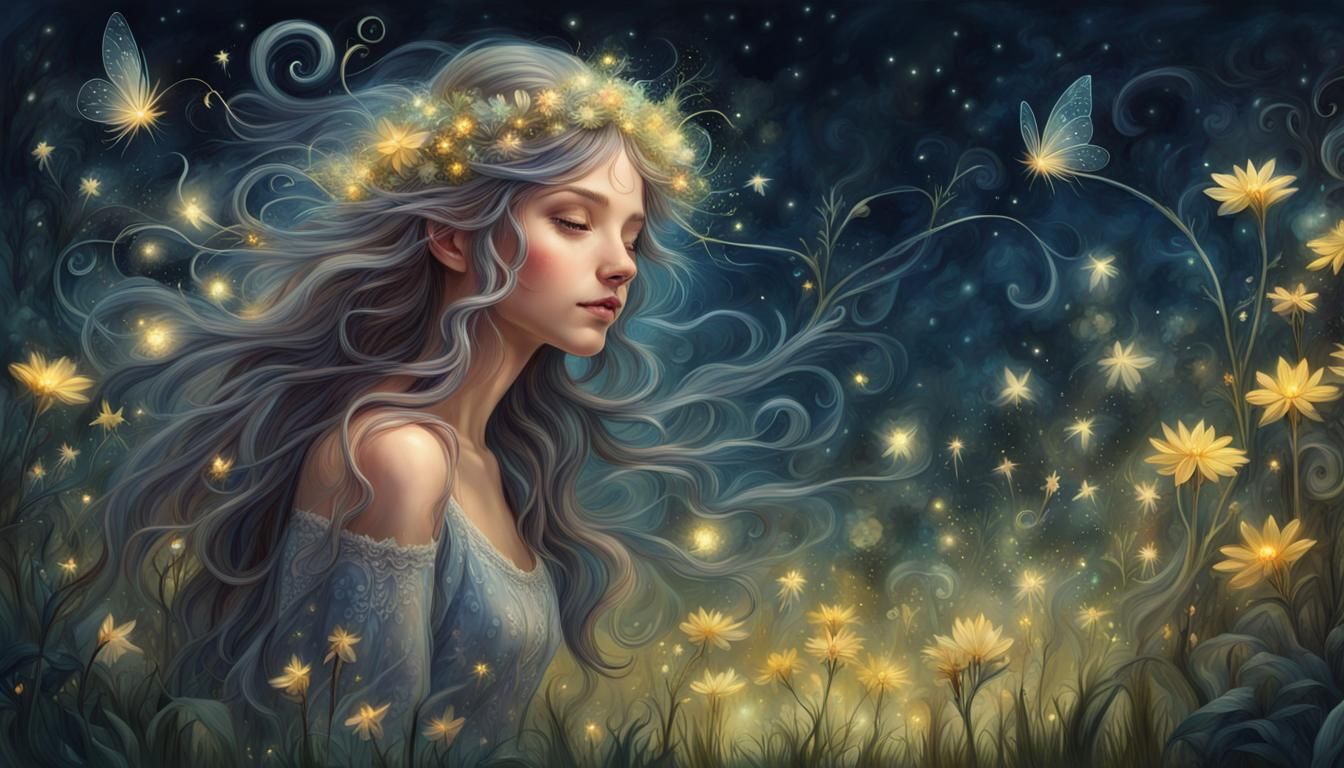 Beautiful Fairy in Magical Moonlit Flower Meadow