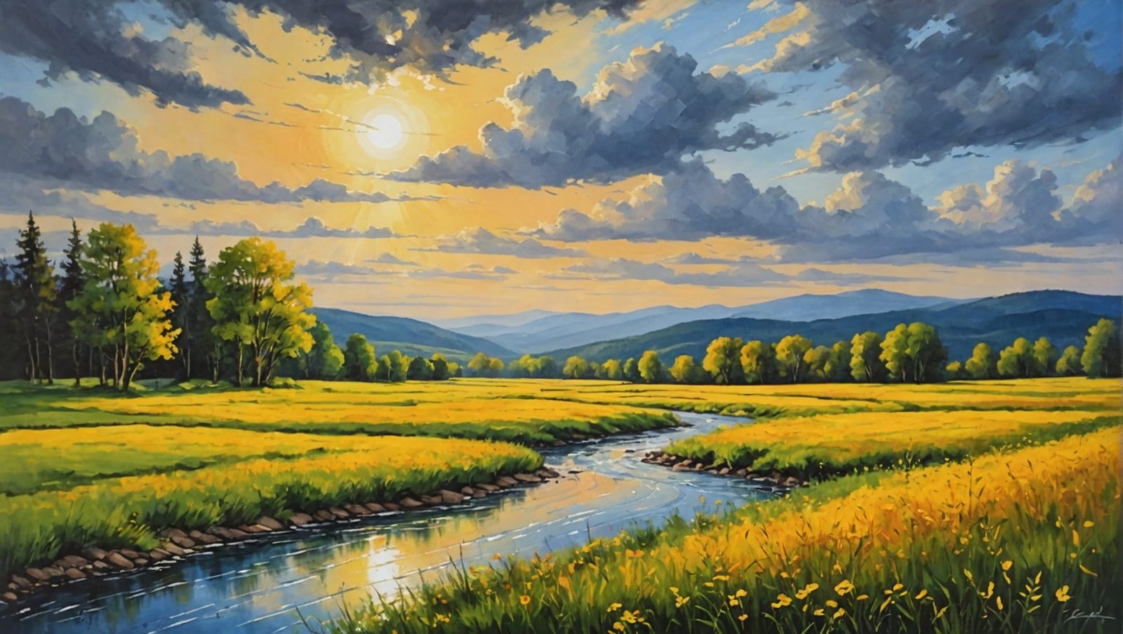 Sunlit Countryside After the Storm: Acrylic Painting