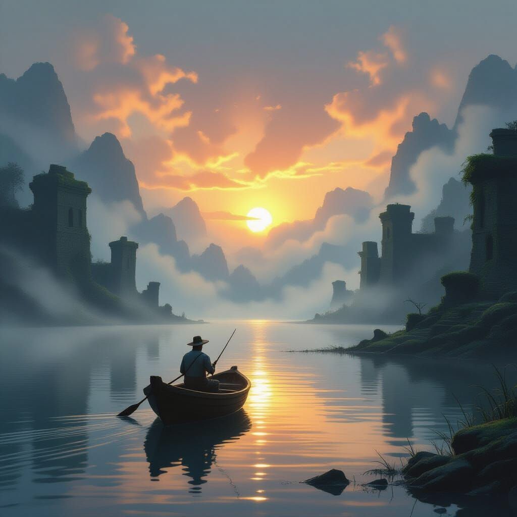 Fisherman's Sunrise Over Mystical Lake Ruins