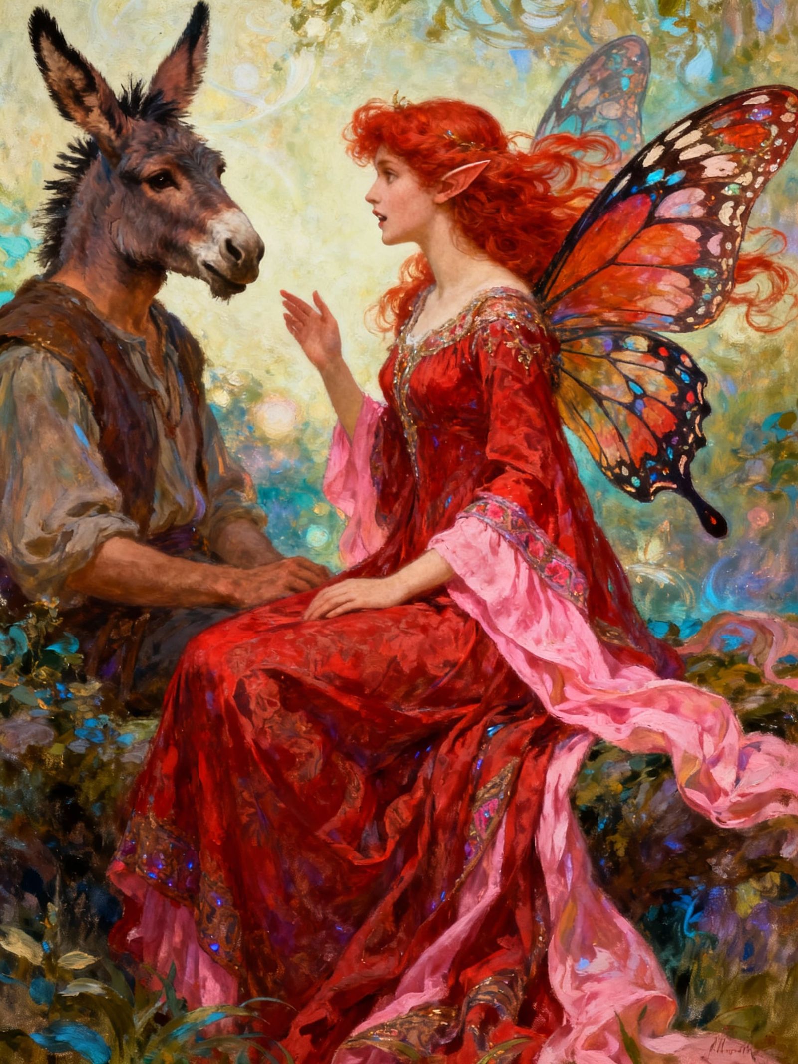 Ethereal Elf Queen with Butterfly Wings and Donkey-Headed Co...