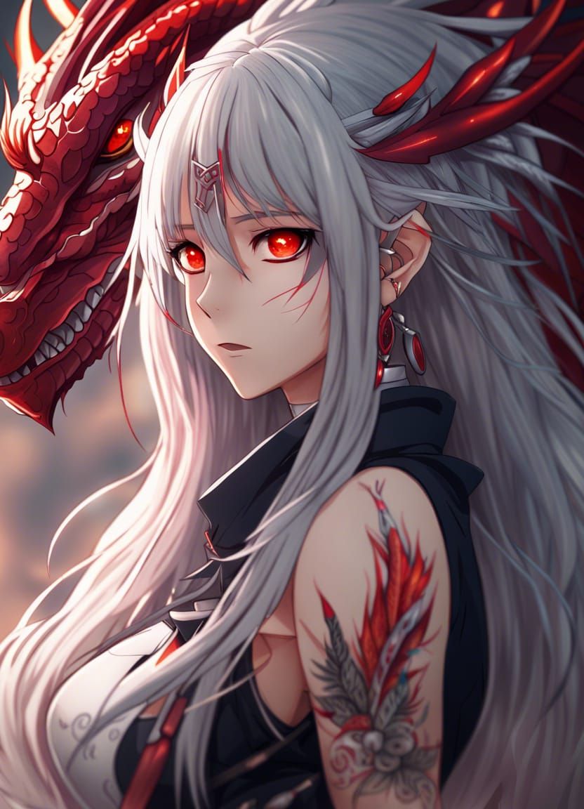 Anime Red Dragon Girl with Tribal Tattoos