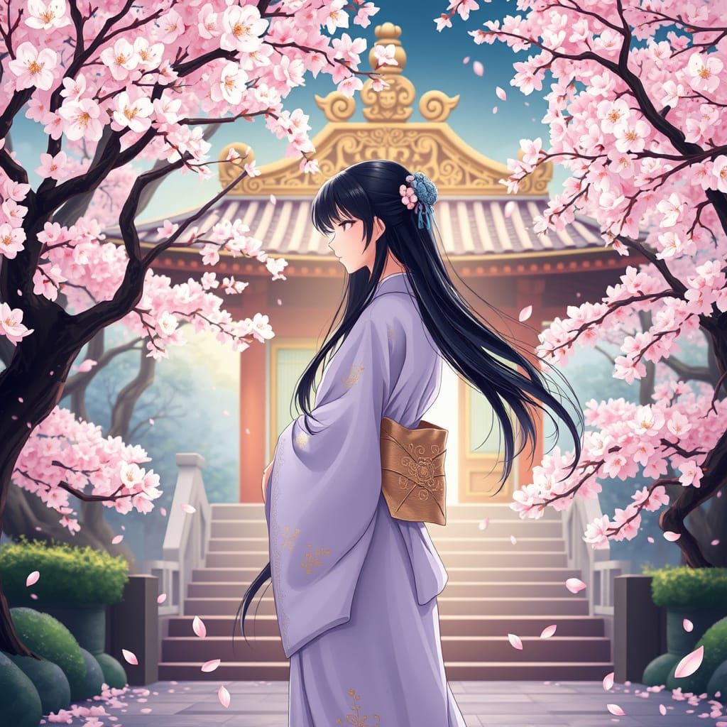 Ethereal Girl in Whimsical Cherry Blossom Landscape