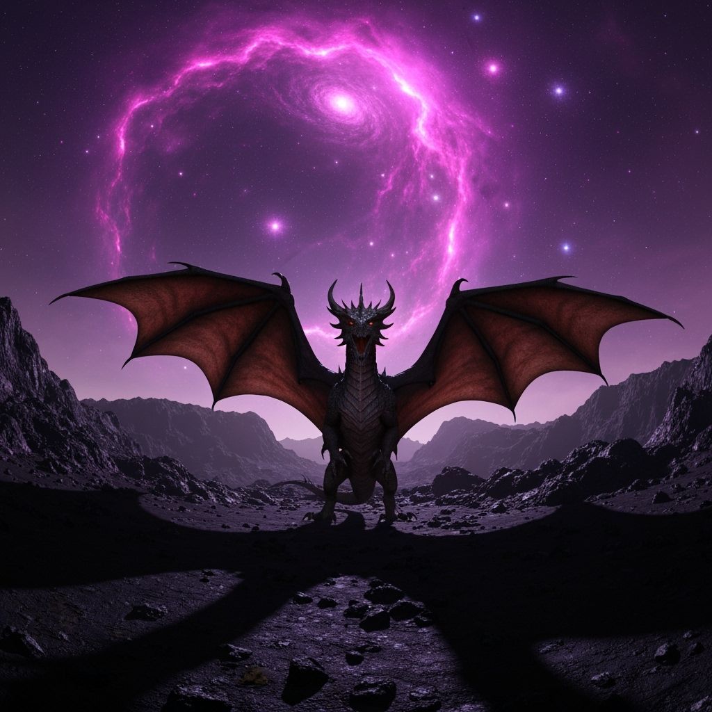 Armored Dragon Walks Asteroid in Starry Galaxy