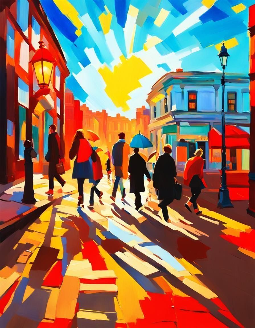 Lively Street Scene in Front of Bookstore