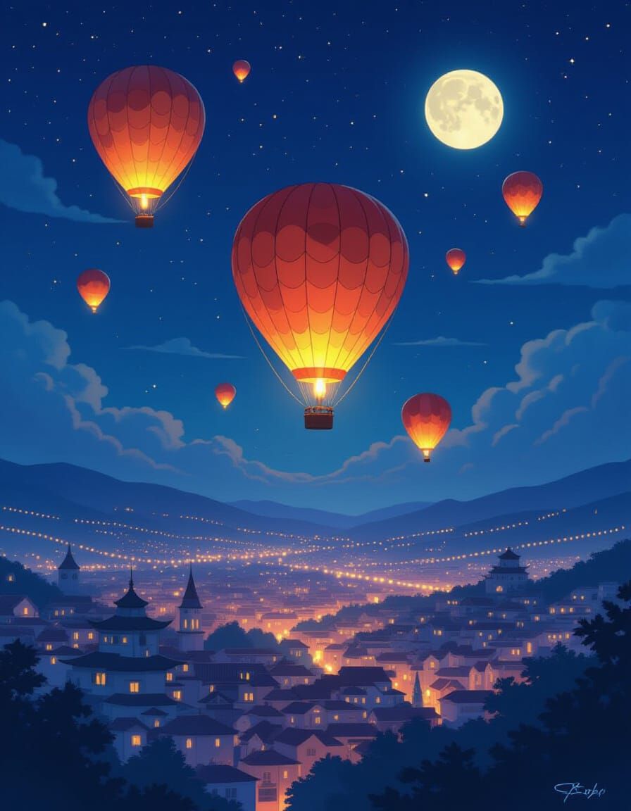 Magical Hot Air Balloons Ascend Over a Twinkling City at Nig...