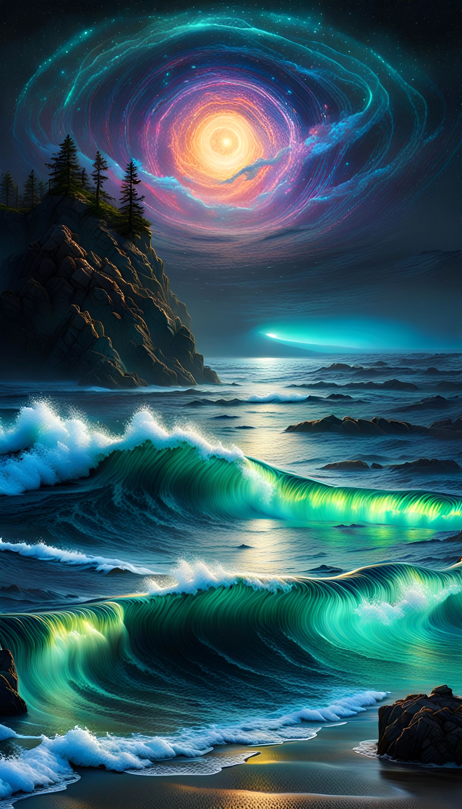 The ocean π with a luminous bioluminescent organisms, seascape realistic splash art : bioluminescent waves