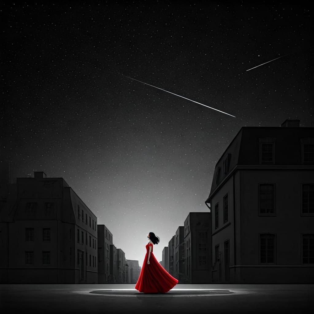 Woman in Red Dress: Black and White Cityscape