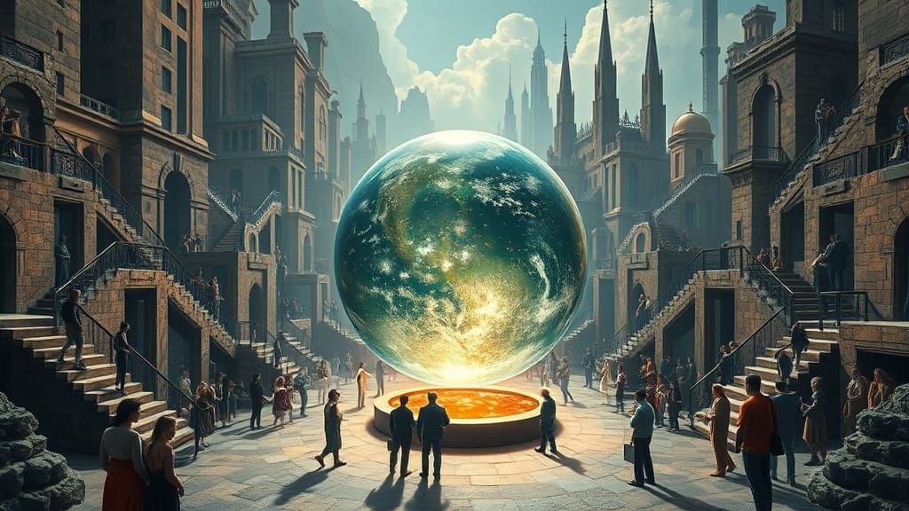 Surrealist Cityscape with Glowing Crystal Orb and Thoughtful...