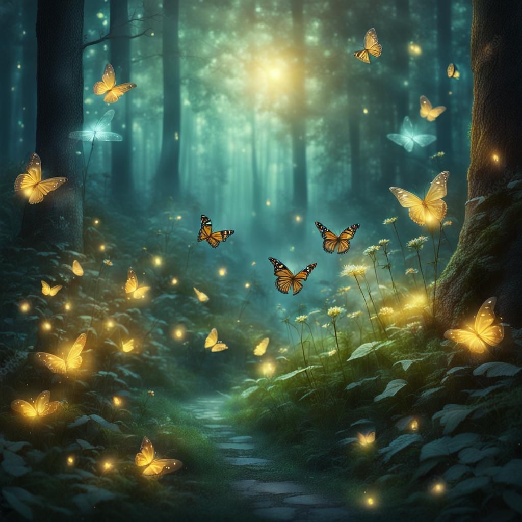 Mystical Fantasy Forest with Fairies and Fireflies