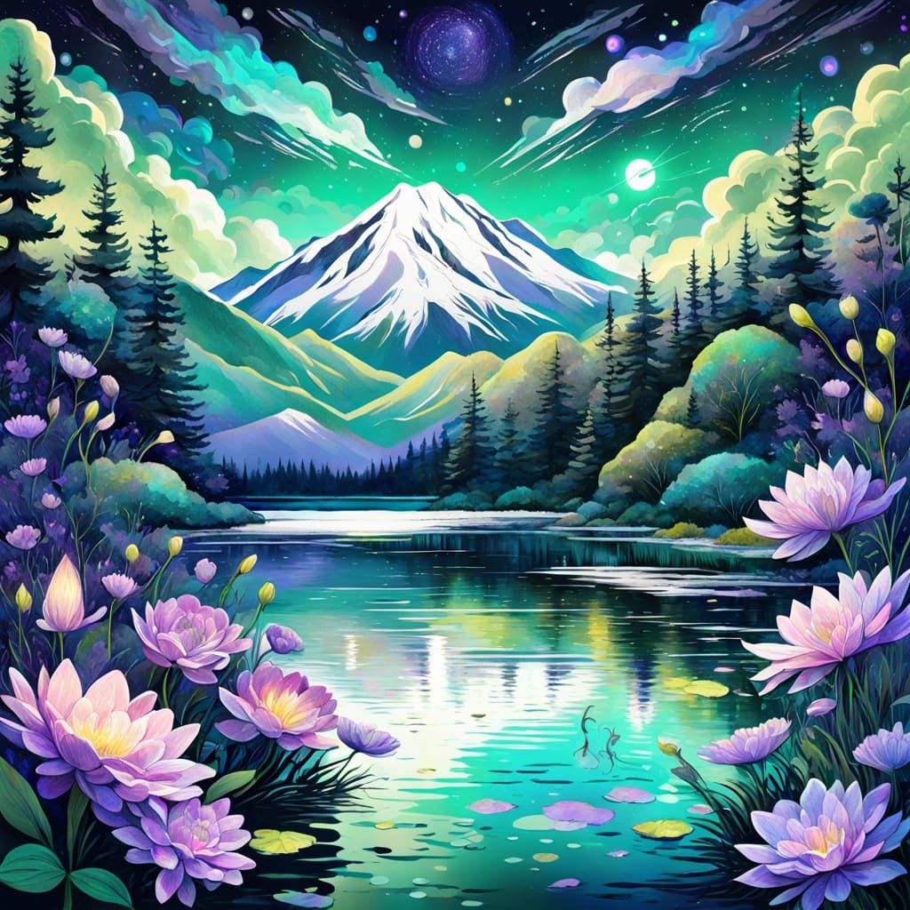 Cosmic Lake Blooms under Starry Night Sky