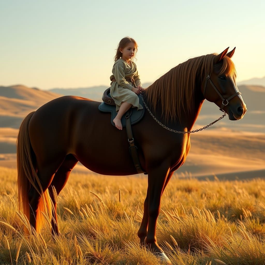 Child and Majestic Horse in Golden Meadow: Matte Painting