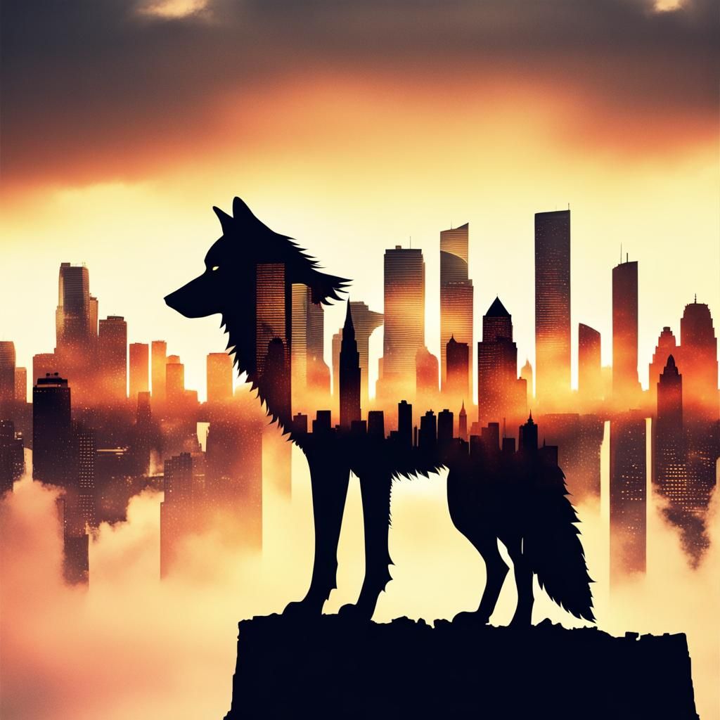 Surreal Sunset City Wolf in Double Exposure