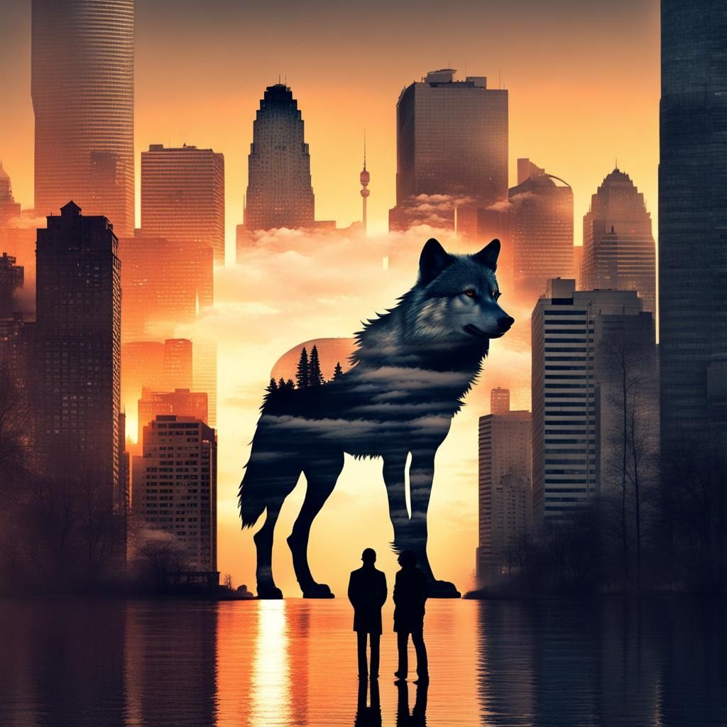 Surreal Wolf City Sunset Double Exposure