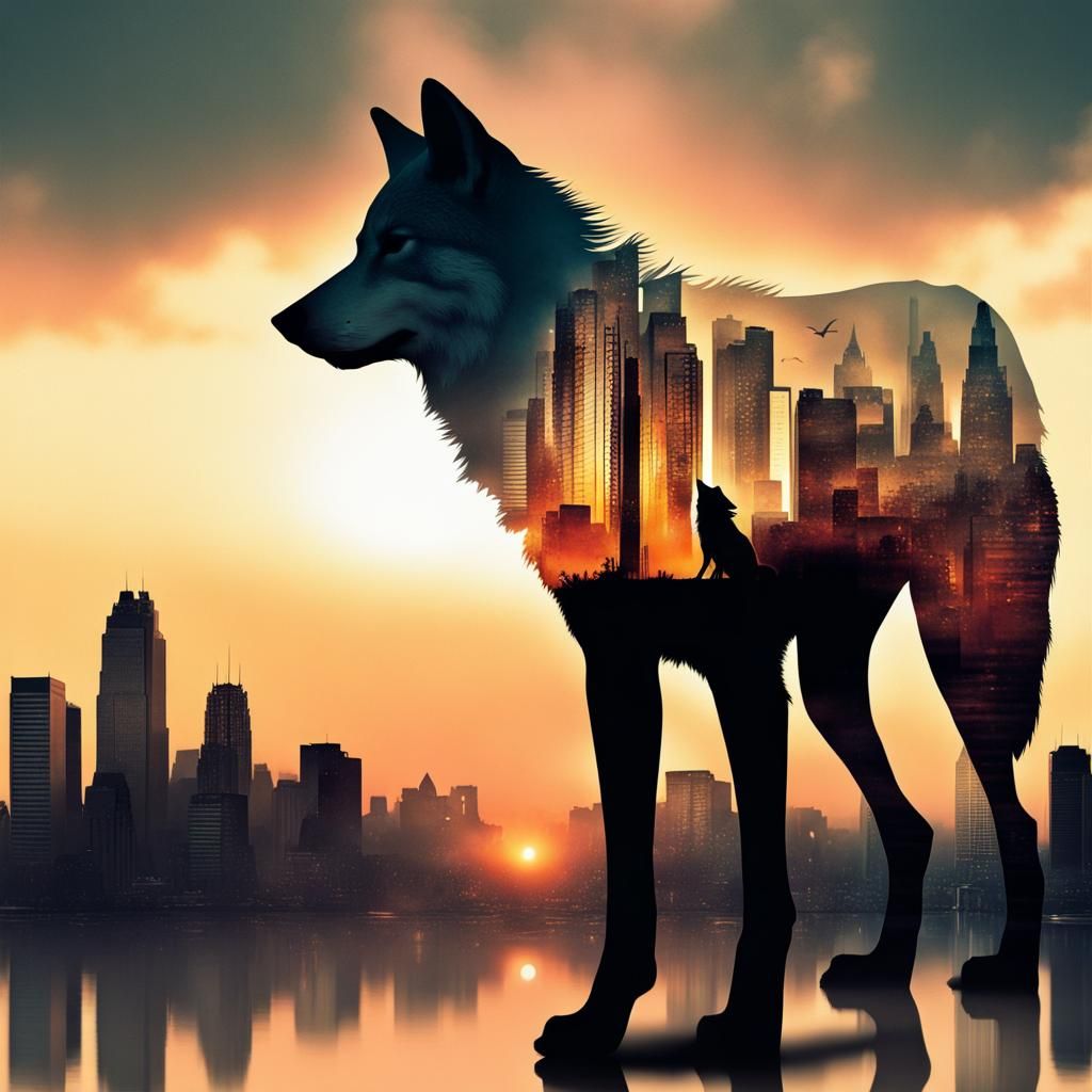 Surreal Sunset Wolf in City Double Exposure