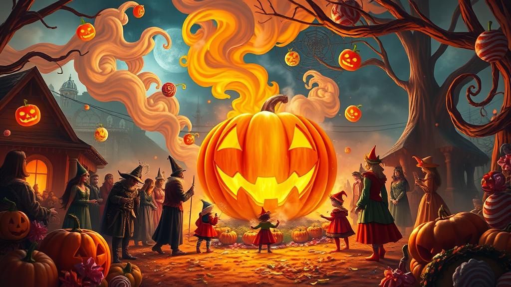 Halloween Candyland Party with Pumpkin Cauldron, Digital Ill...