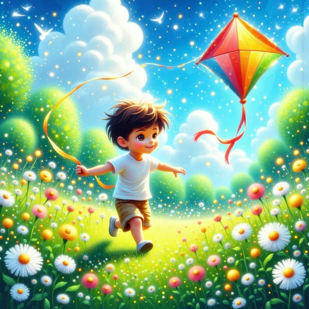 Boy Flying Kite in Impressionistic Landscape