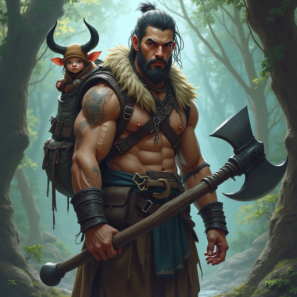 Muscular Barbarian with Axe and Horned Companion