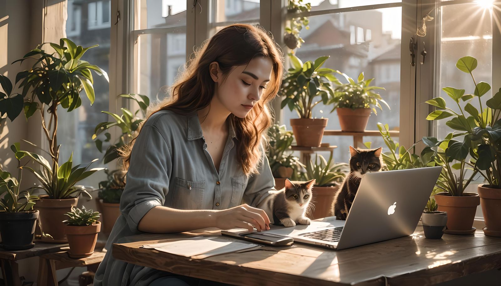 Woman Working at Home with Cat and Plants