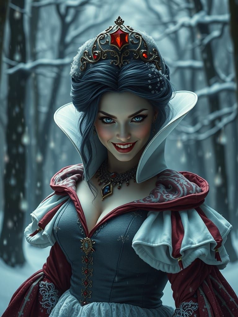 Snow White's Evil Gaze in Winter Forest, Hyperrealistic