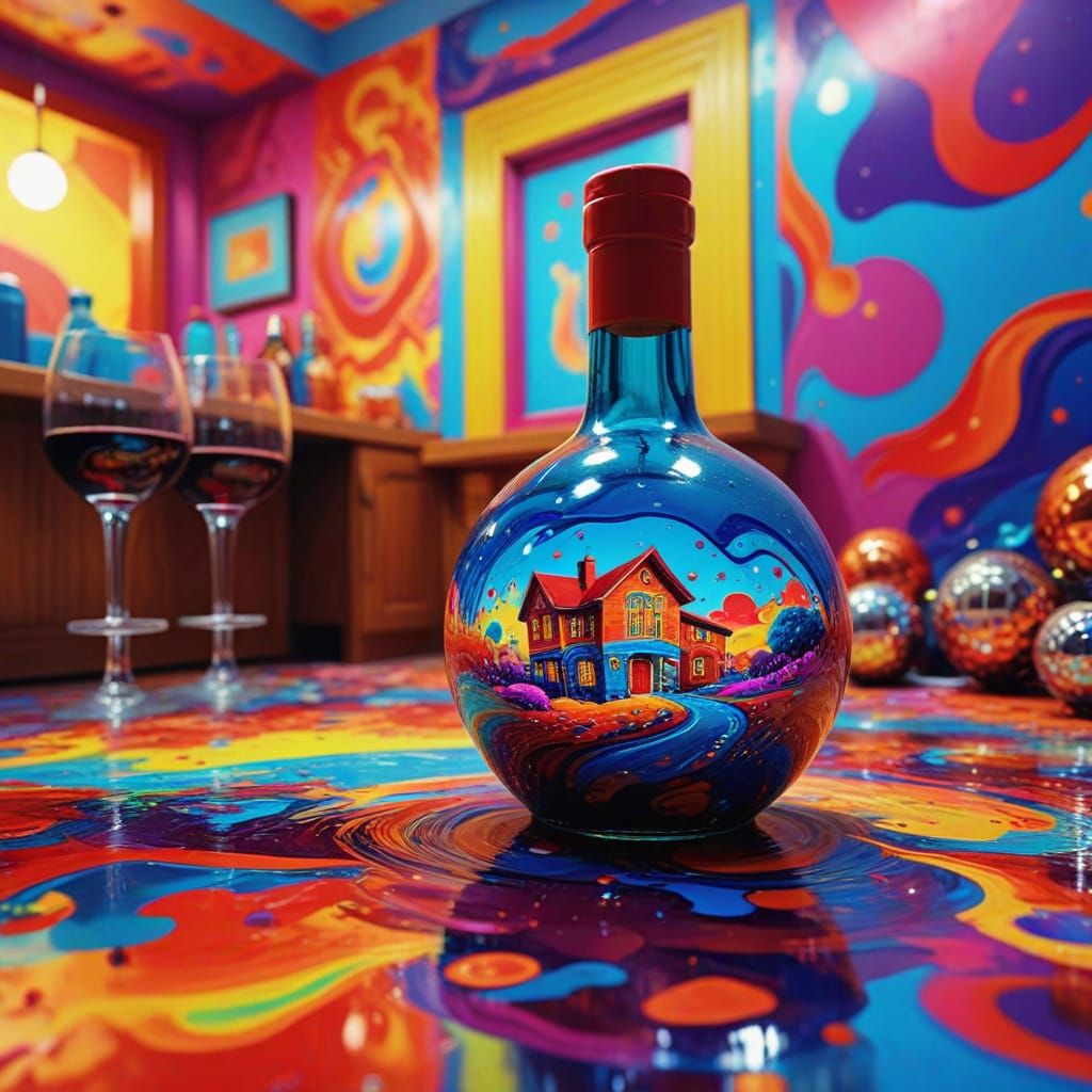 Psychedelic Wine Bottle House in Vibrant Pop Art Style