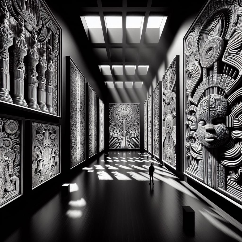 Afrofuturistic Black and White Art in Hyperdetailed Museum