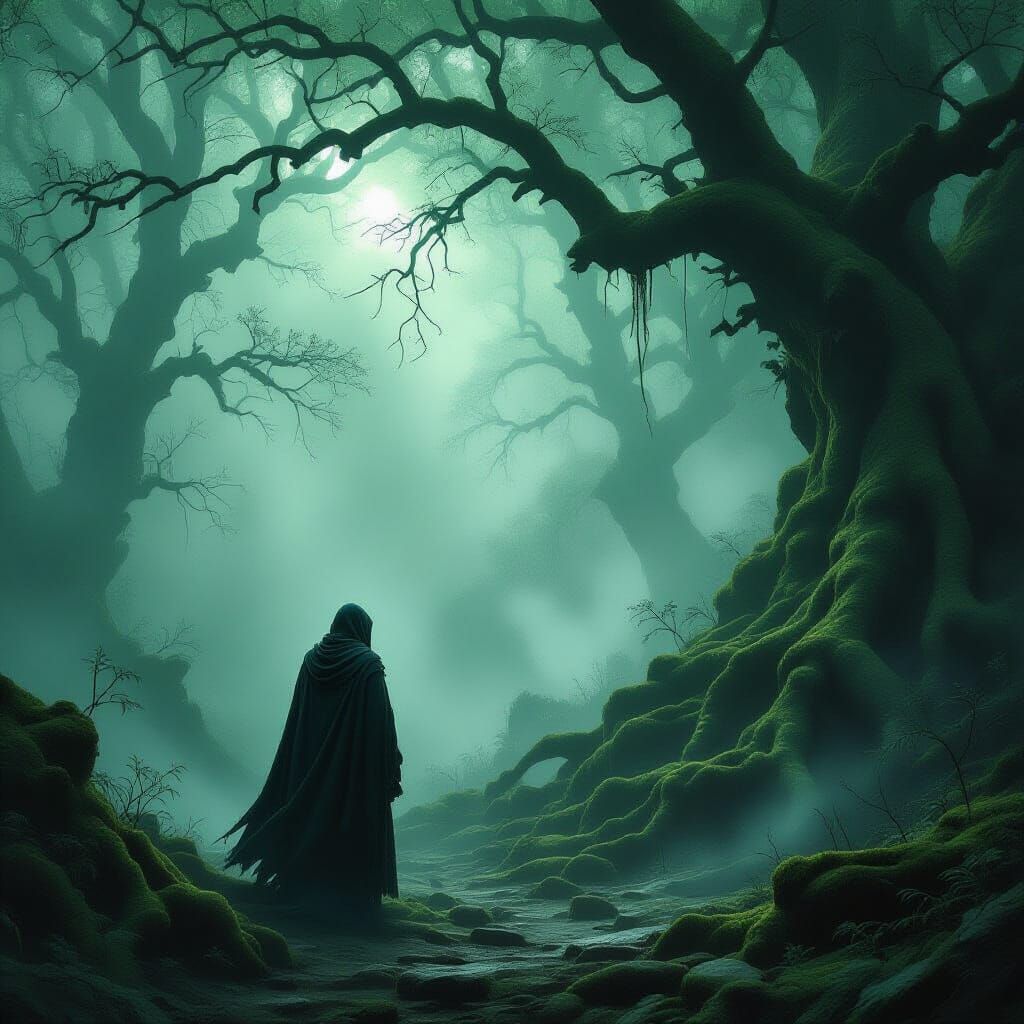 Mysterious Figure in Ethereal Foggy Forest Concept Art